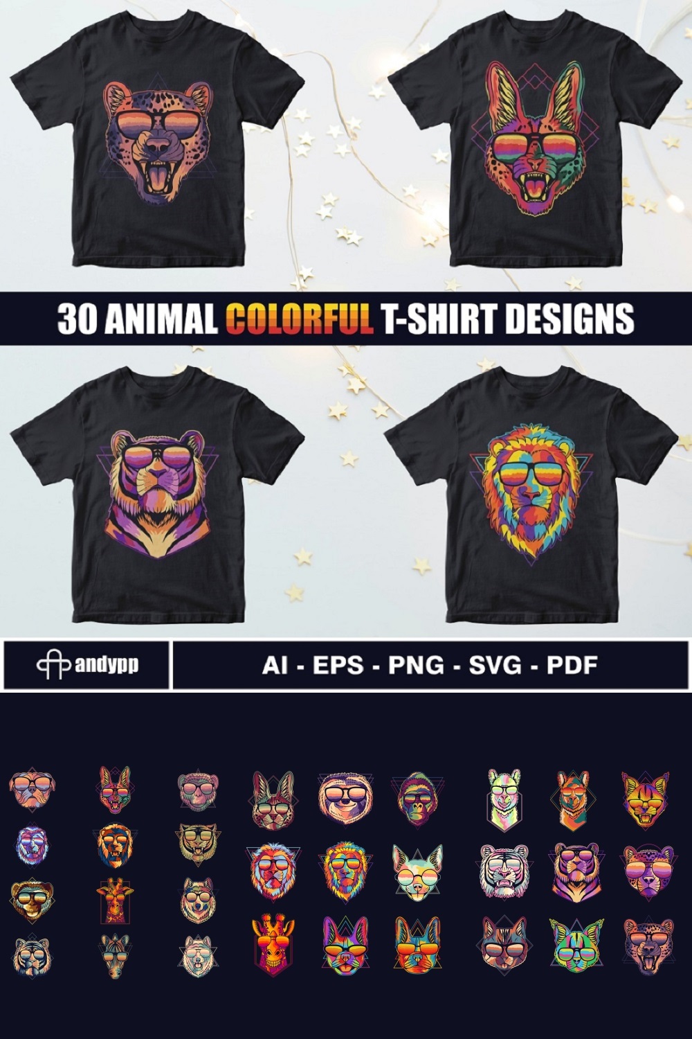 30 Animals Colorful Retro T-shirt Designs Pinterest Image.