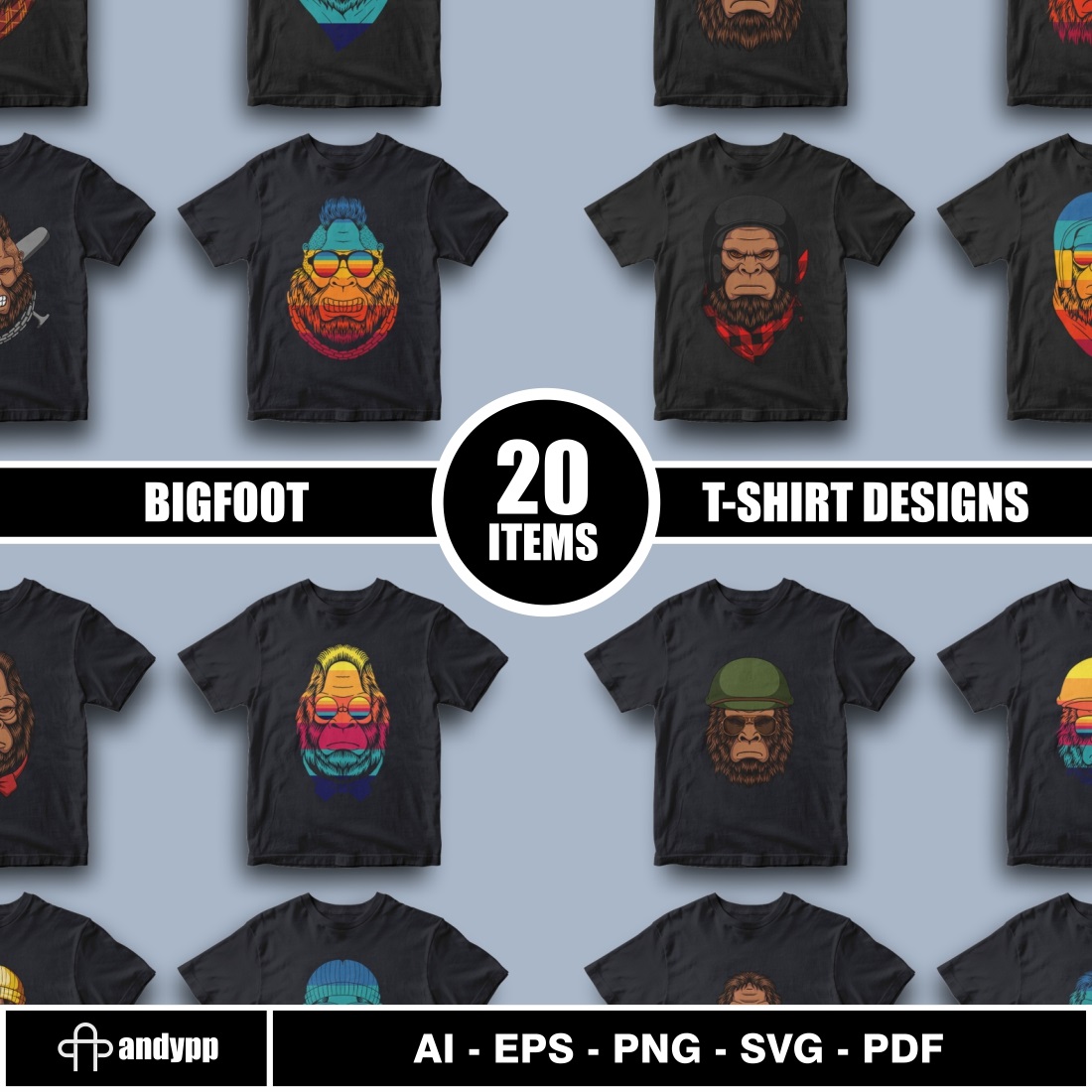20 Bigfoot Retro T-shirts Design in bundles cover image.