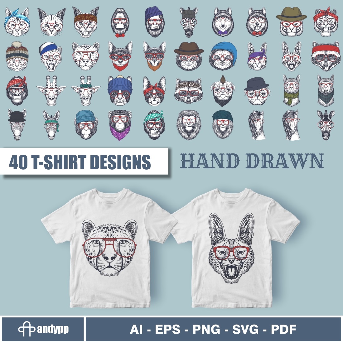 40 Animals T-shirt Hand Drawn Designs cover image.
