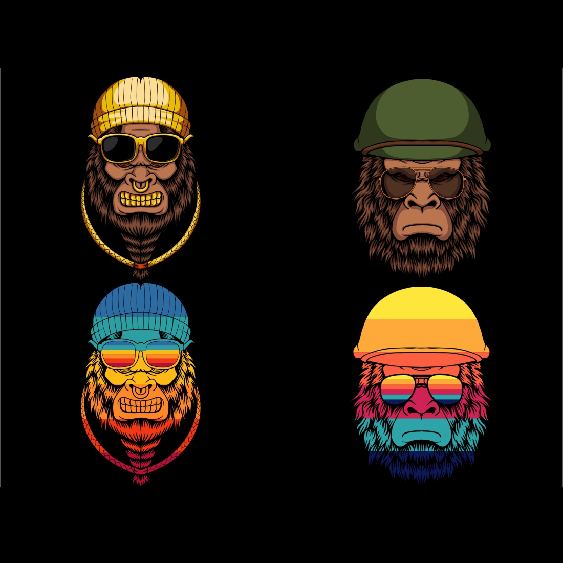 retro monkey illustrations on dark background.