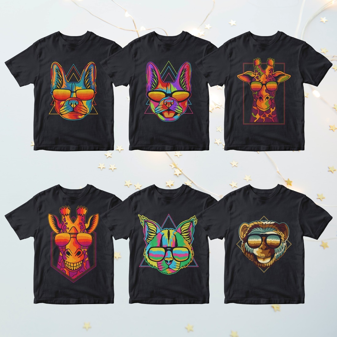 30 Animals Colorful Retro T-shirt Designs Print Example.