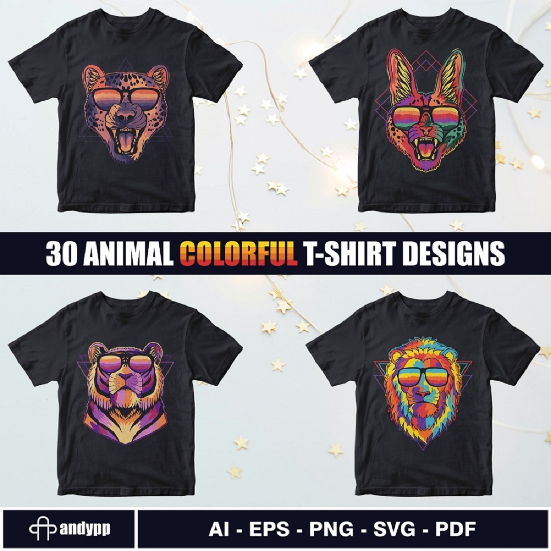 30 Animals Colorful Retro T-shirt Designs Cover Image.