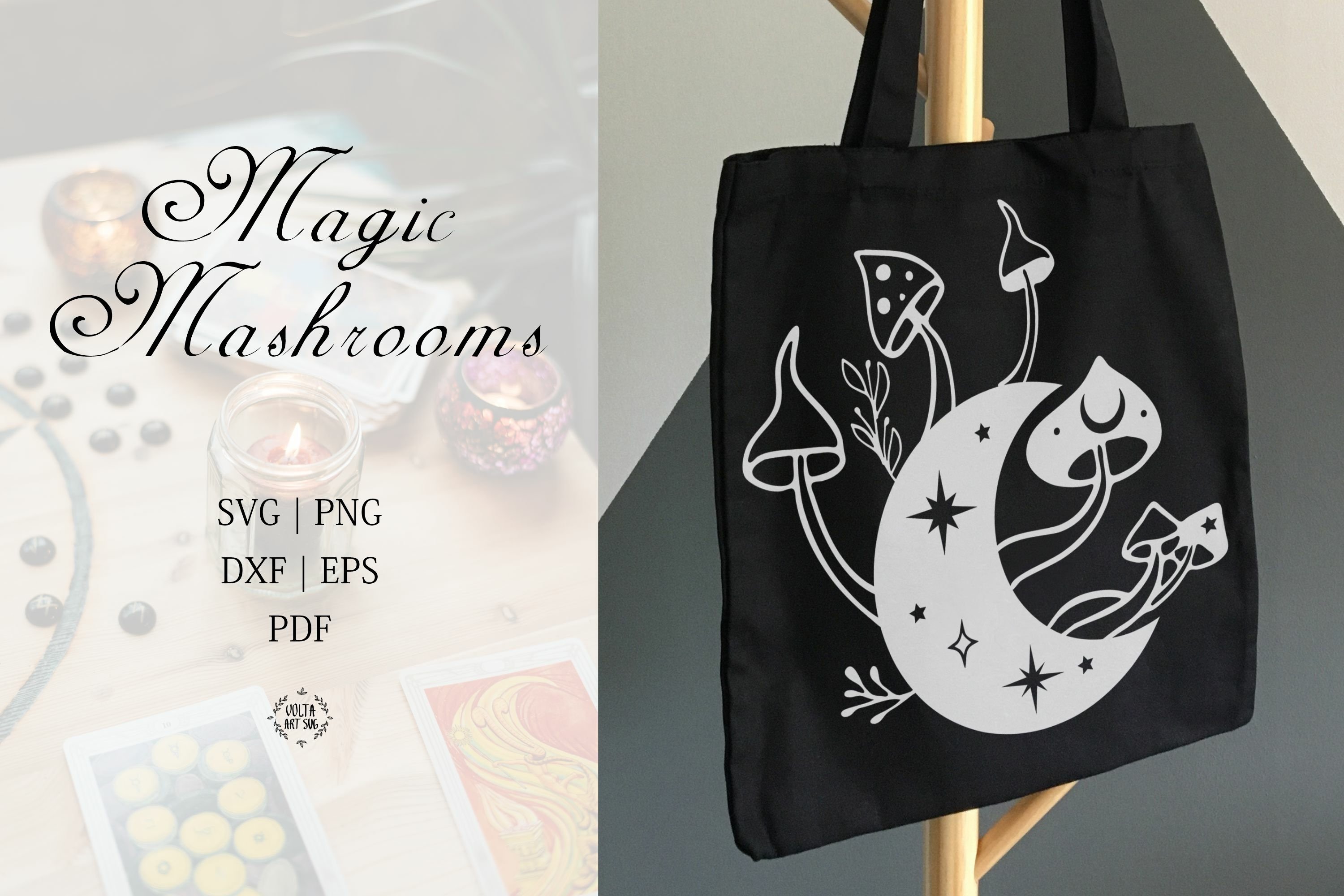 Black eco bag with white magic mushrooms illustration.