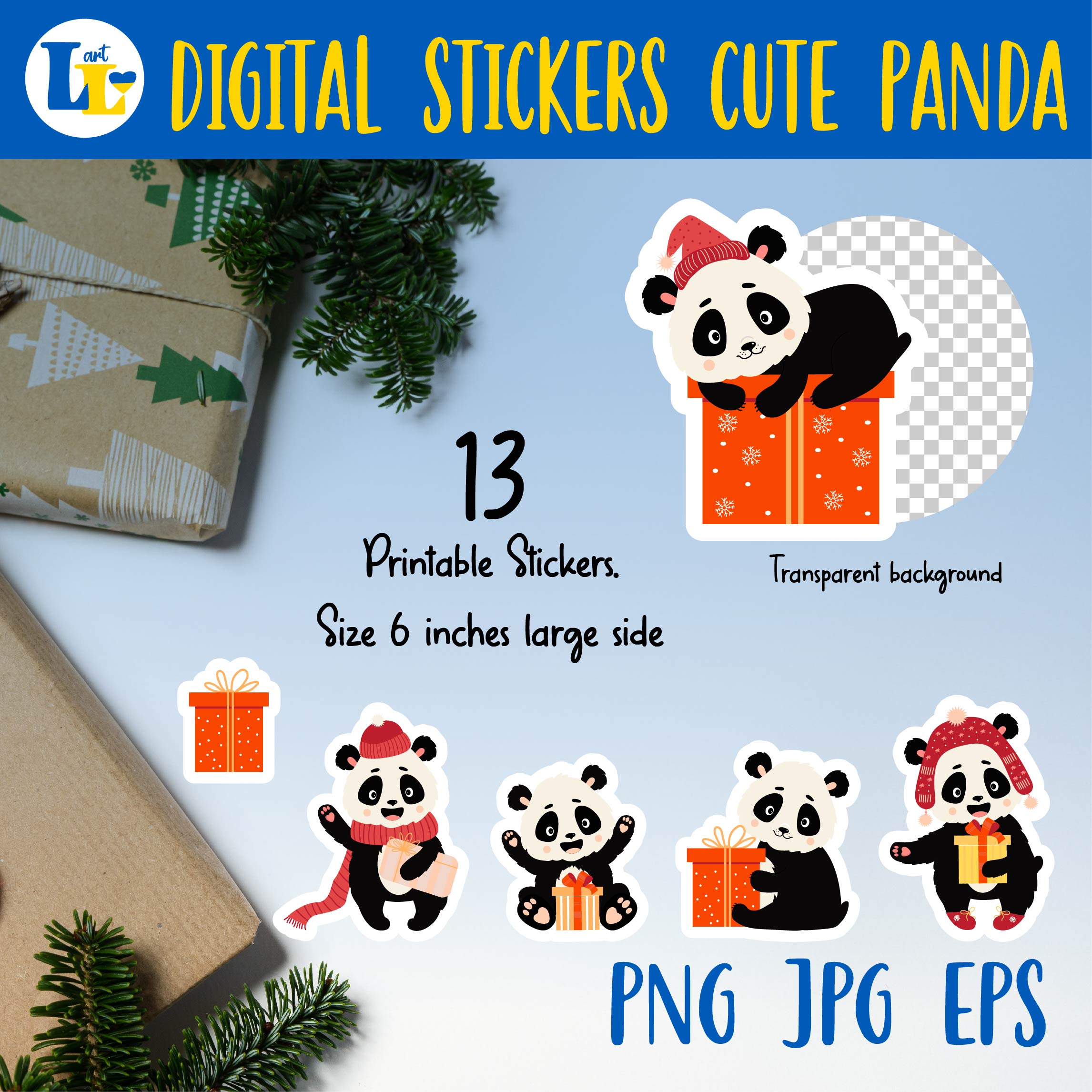 Cute Panda Digital Printable Stickers Bundle Preview Image.