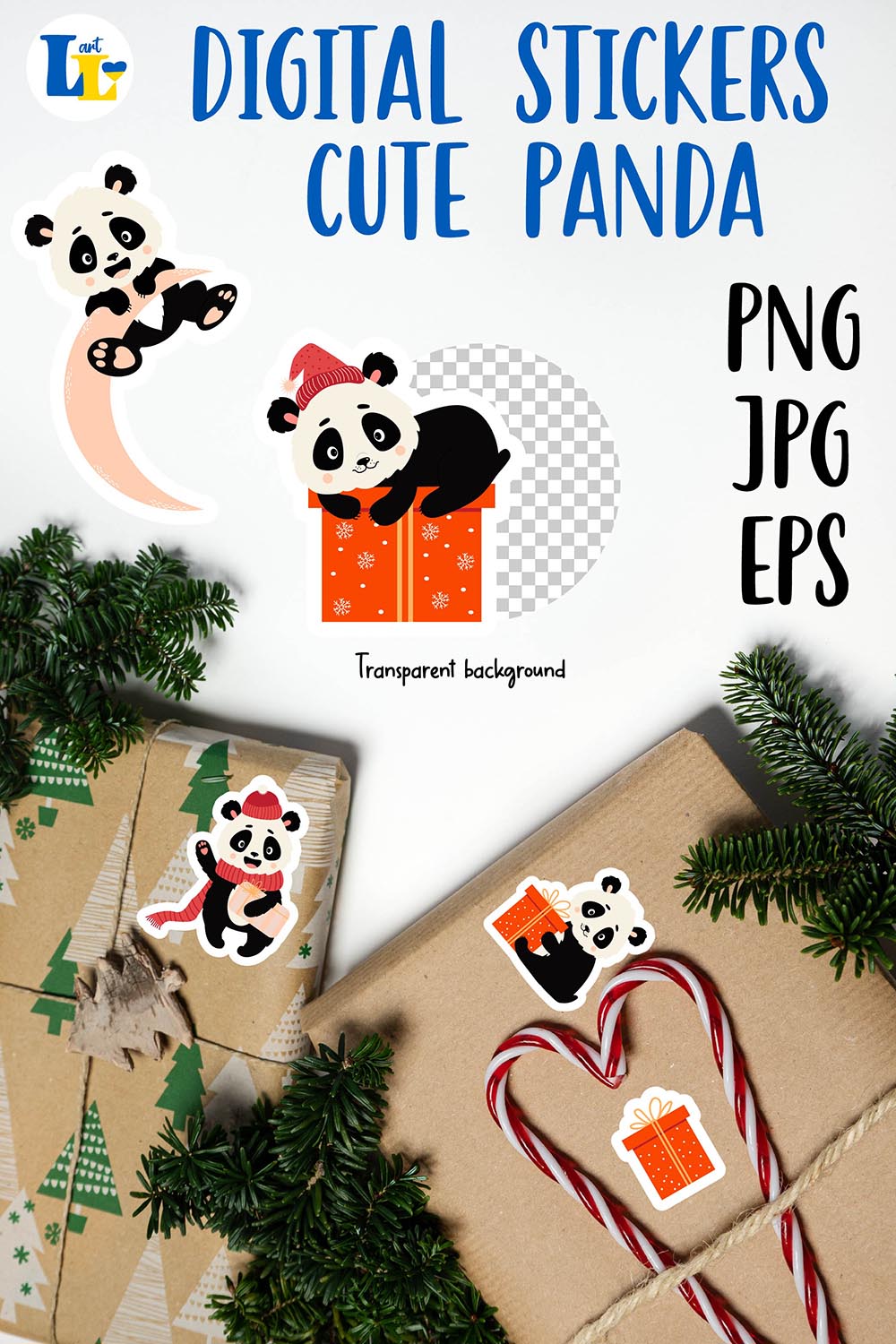 Cute Panda Digital Printable Stickers Bundle Pinterest Image.