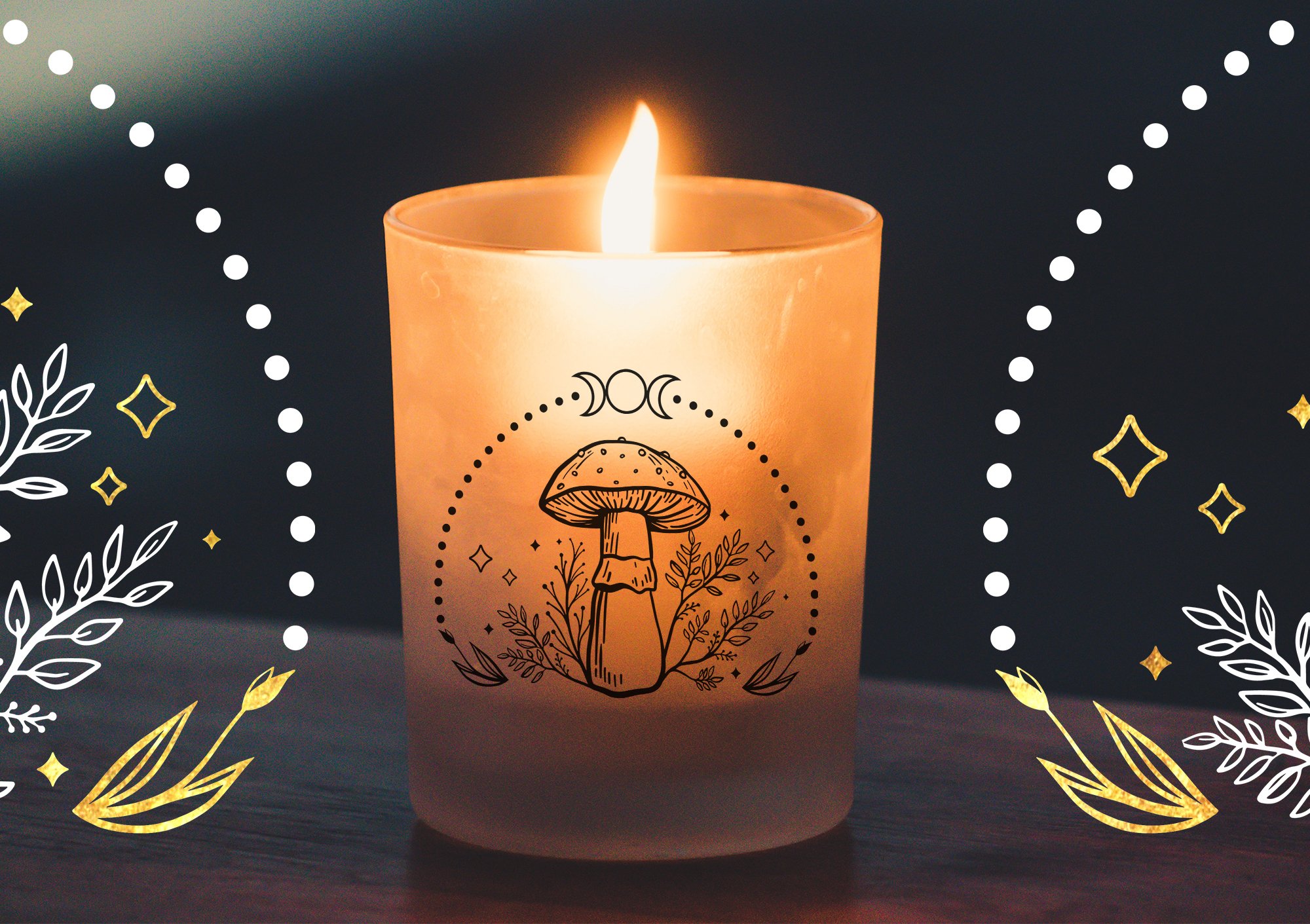 Magic candle with mushroom logo.