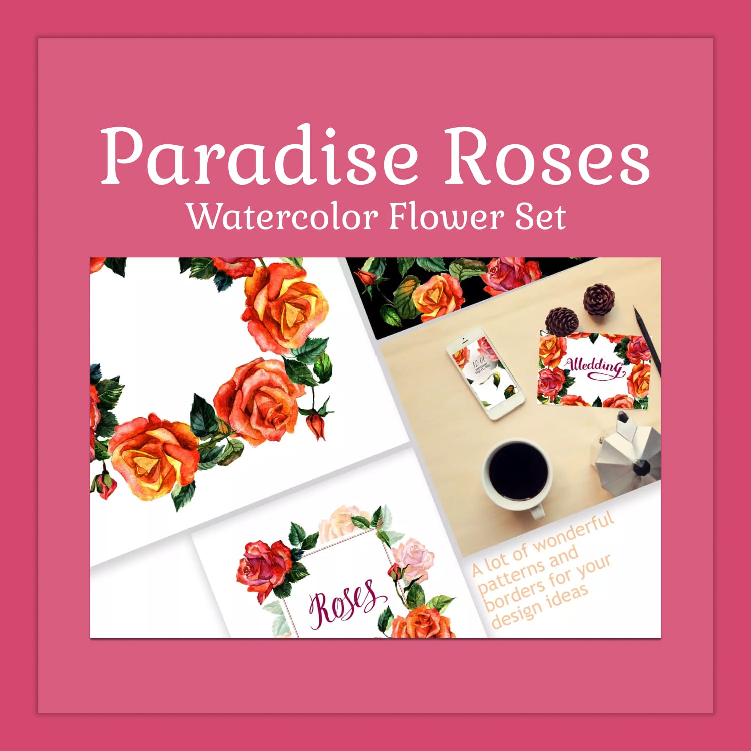 Paradise Roses PNG Watercolor Flower Set main cover.