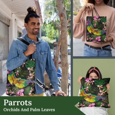 Parrots, orchids and palm leaves - main image preview.