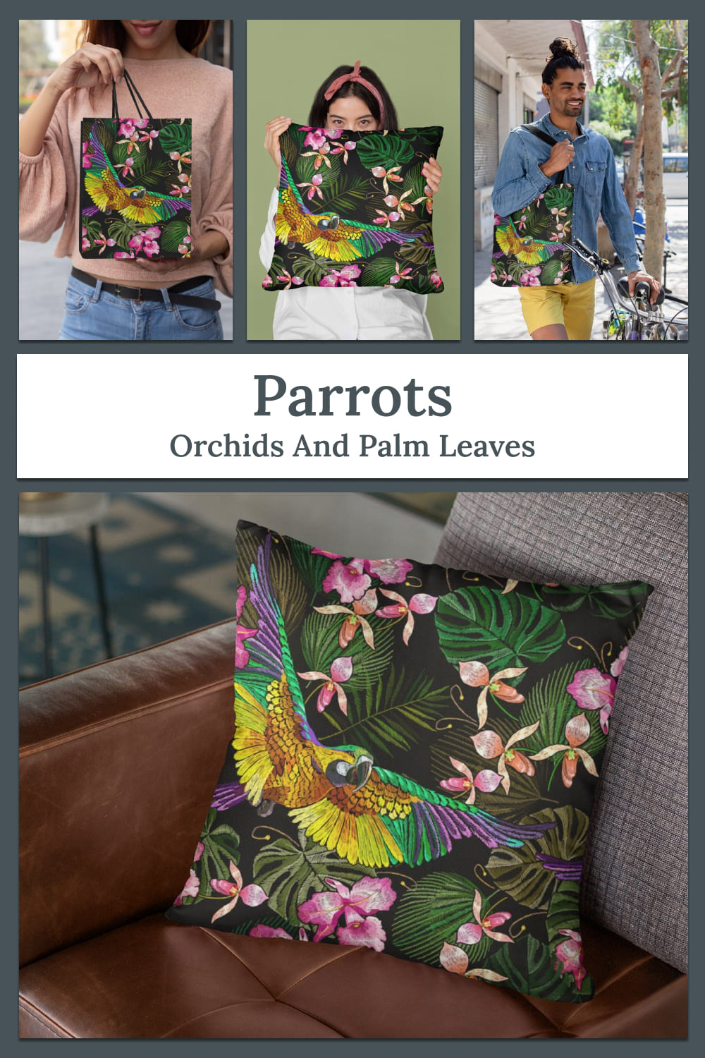 Parrots, orchids and palm leaves - pinterest image preview.