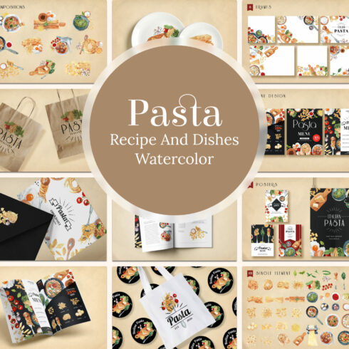 Pasta recipe and dishes watercolor - main image preview.