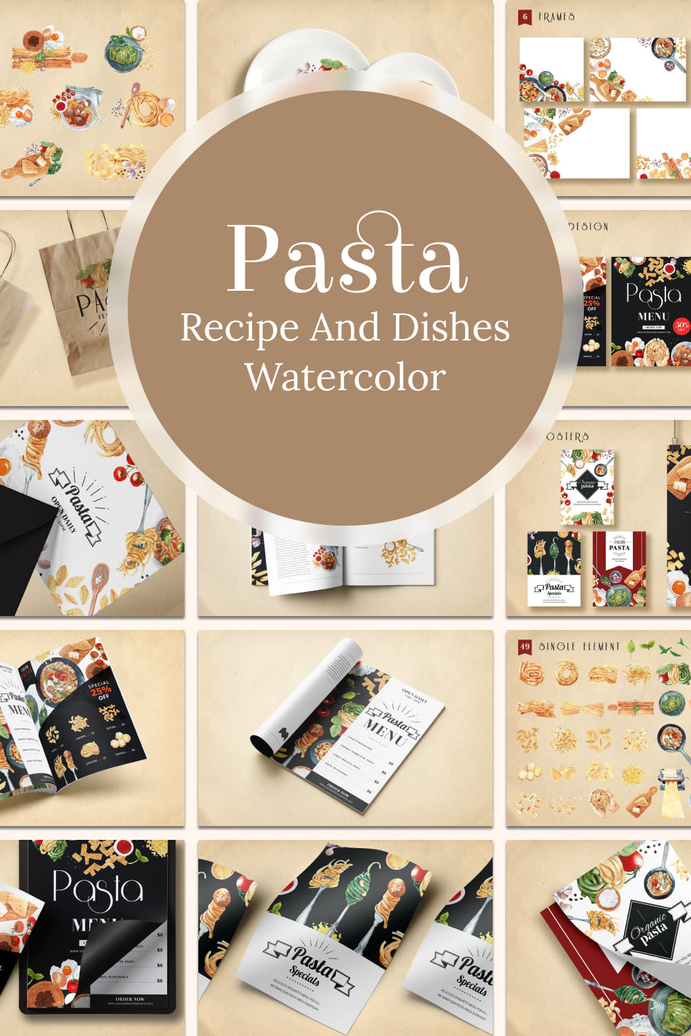 Pasta recipe and dishes watercolor - pinterest image preview.