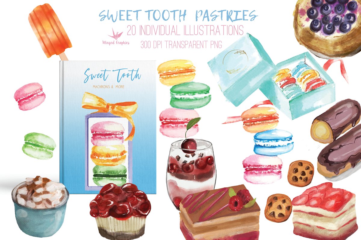 Cover image of Watercolor sweet pastries, desserts.