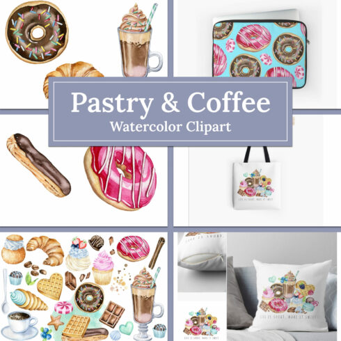 Pastry coffee watercolor clipart - main image preview.
