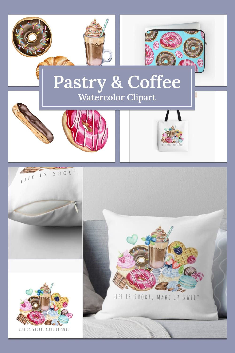 Pastry coffee watercolor clipart - pinterest image preview.