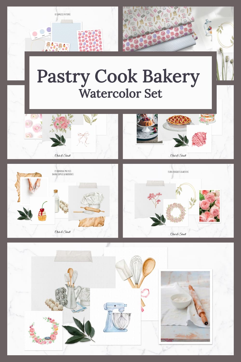 Pastry cook bakery watercolor set - pinterest image preview.