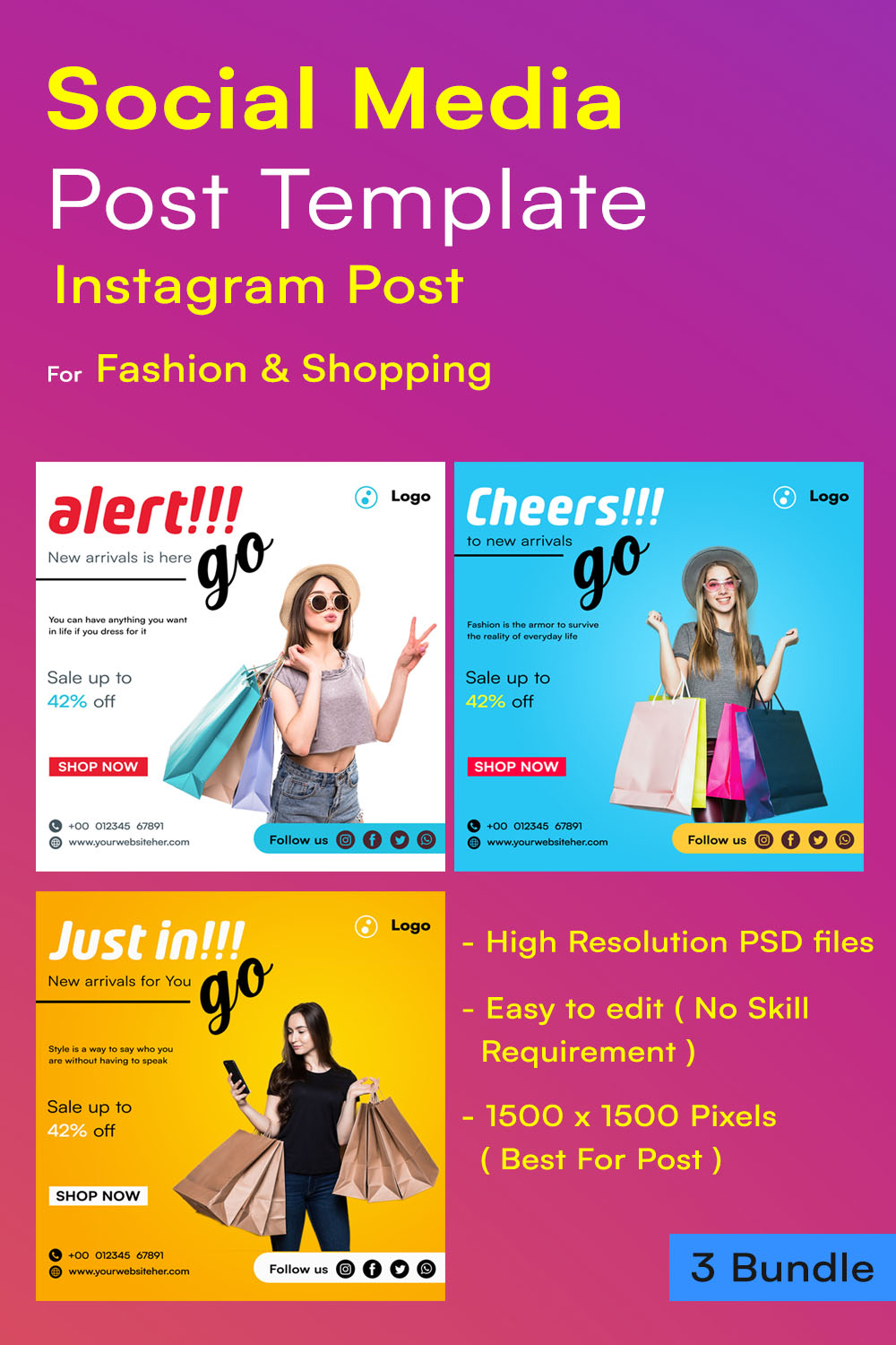 Fashion And Shopping Instagram Posts PSD Template Bundle Pinterest Image.