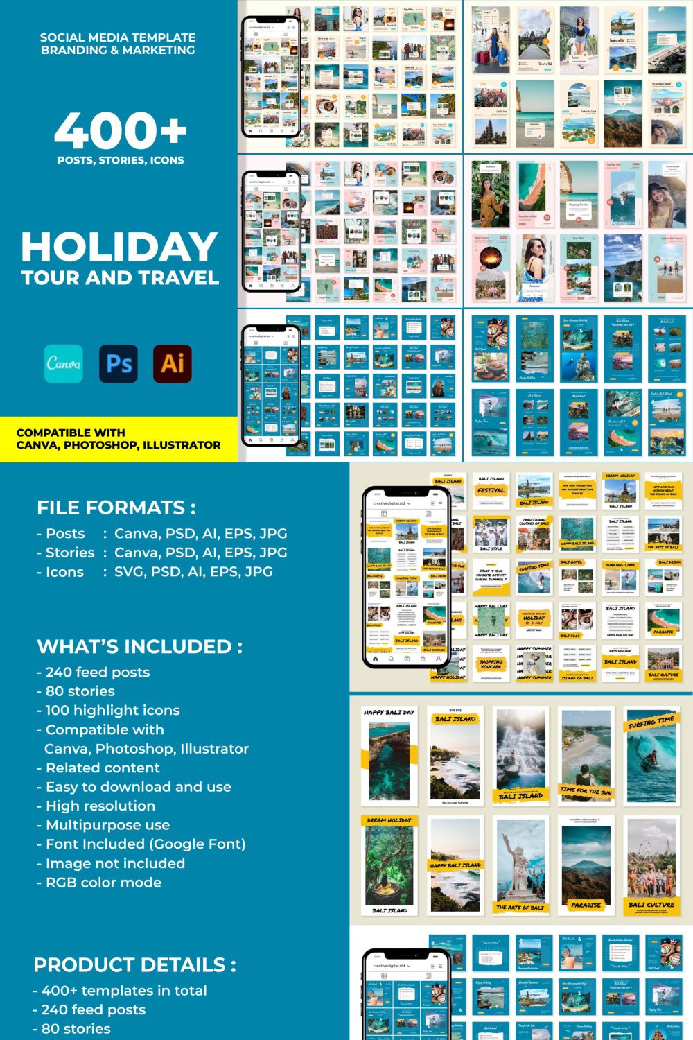 400 Plus Instagram Template Bundle For Holiday Tour And Travel Pinterest Image.