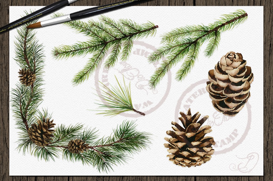 Separate elements for creating pine wreath.