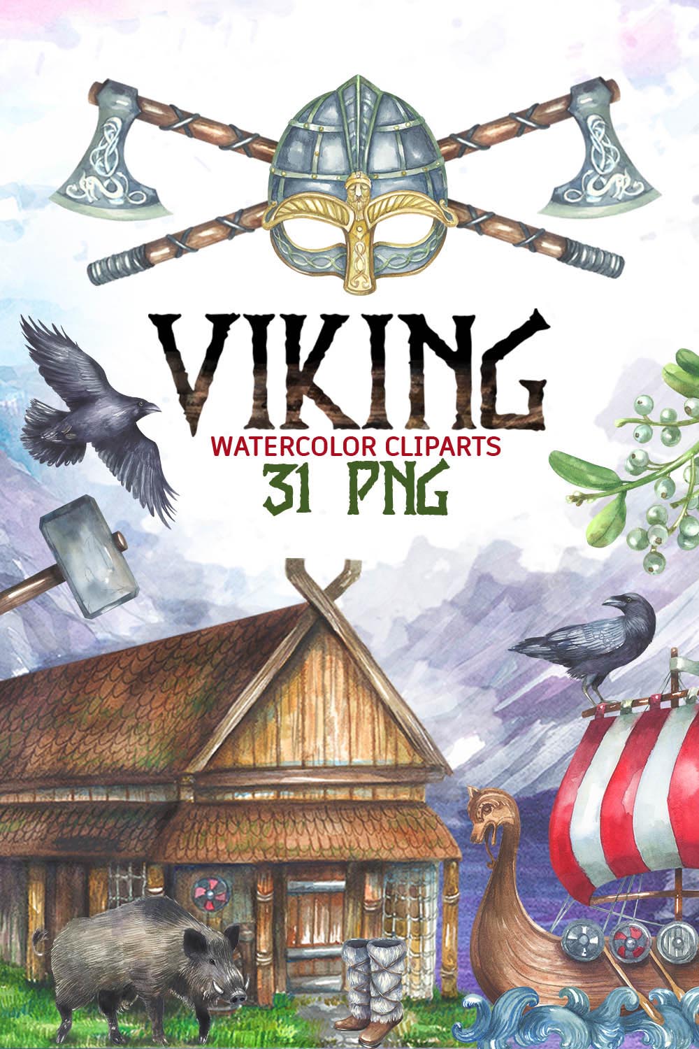 Viking Watercolor Cliparts Pinterest Image.