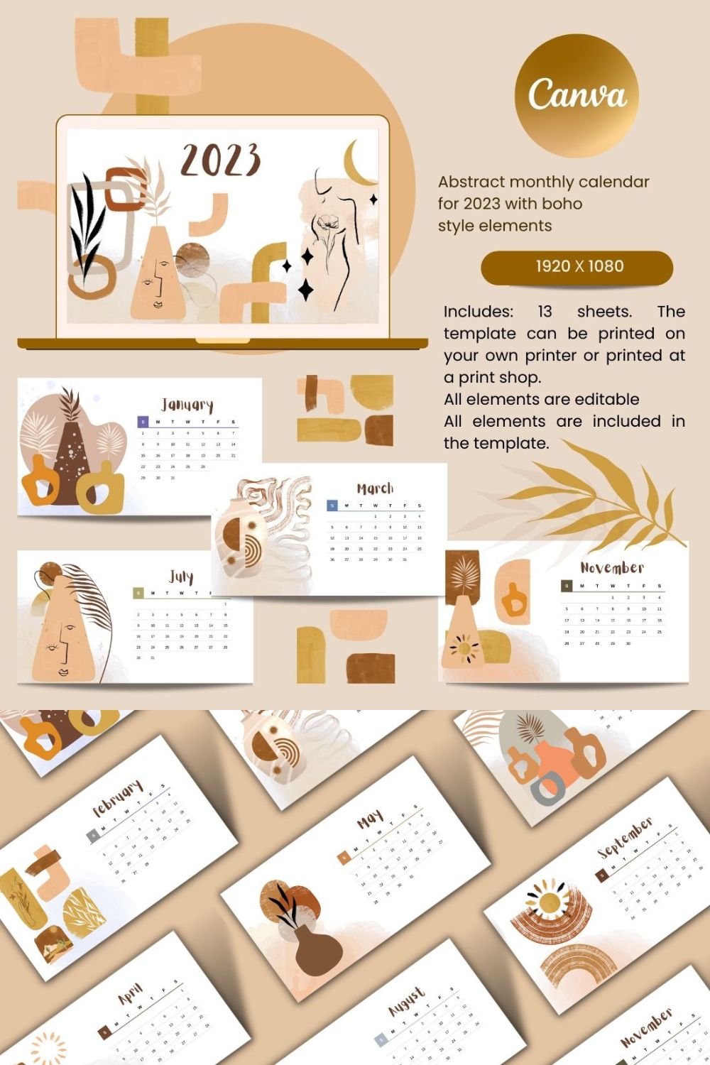 pinterest Desktop Calendar 2023 with Abstract Boho Elements