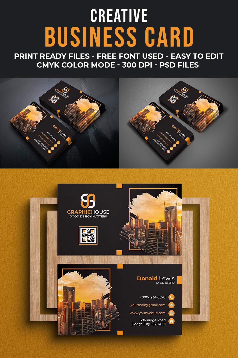 Creative And Professional Orange Business Card Template Pinterest Image.