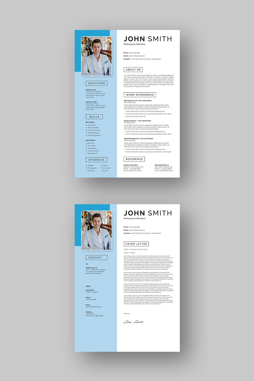 Two professional resume templates with blue accents.