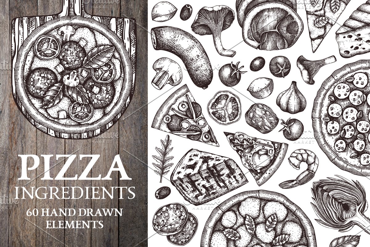 Pizza ingredients - 60 hand drawn elements.