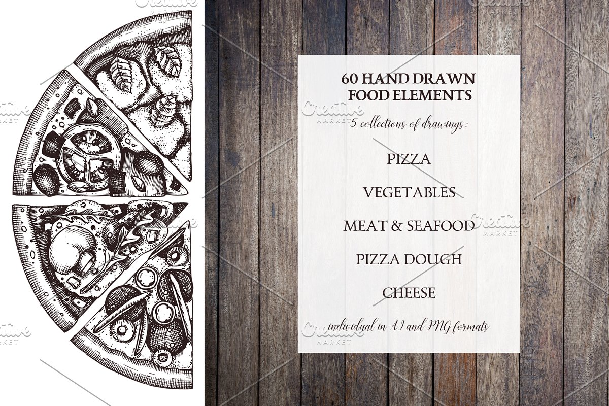 This set includes 60 hand drawn food elements.