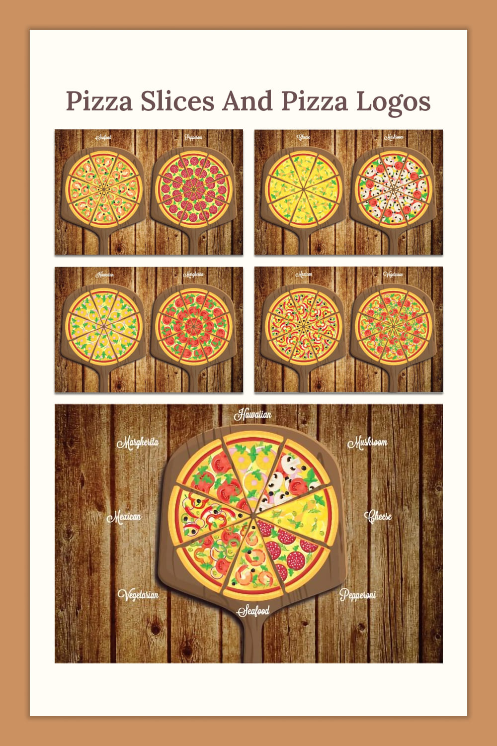 Pizza slices and pizza logos - pinterest image preview.