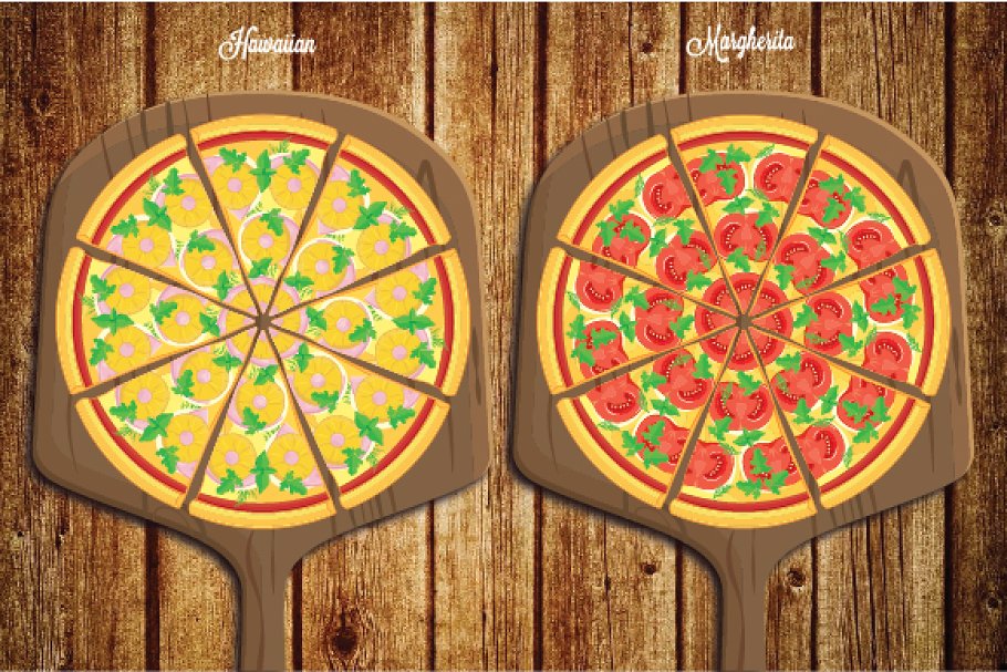 Hawaiian and Margarita pizzas.