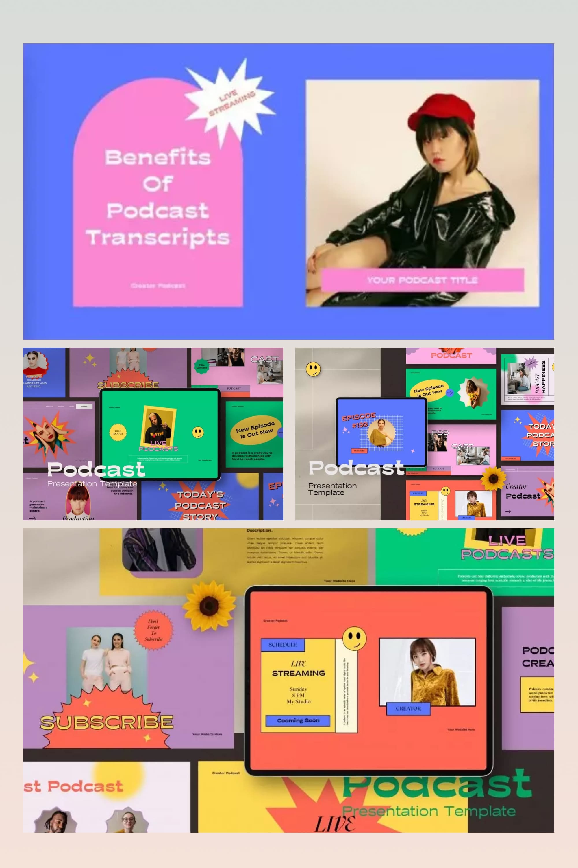Collage of presentation pages with bright backgrounds, interesting fonts and icons.