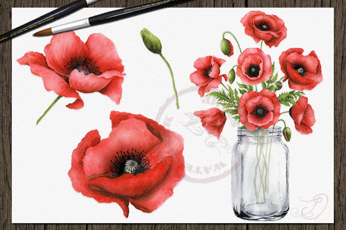Poppies in the transparent vase.