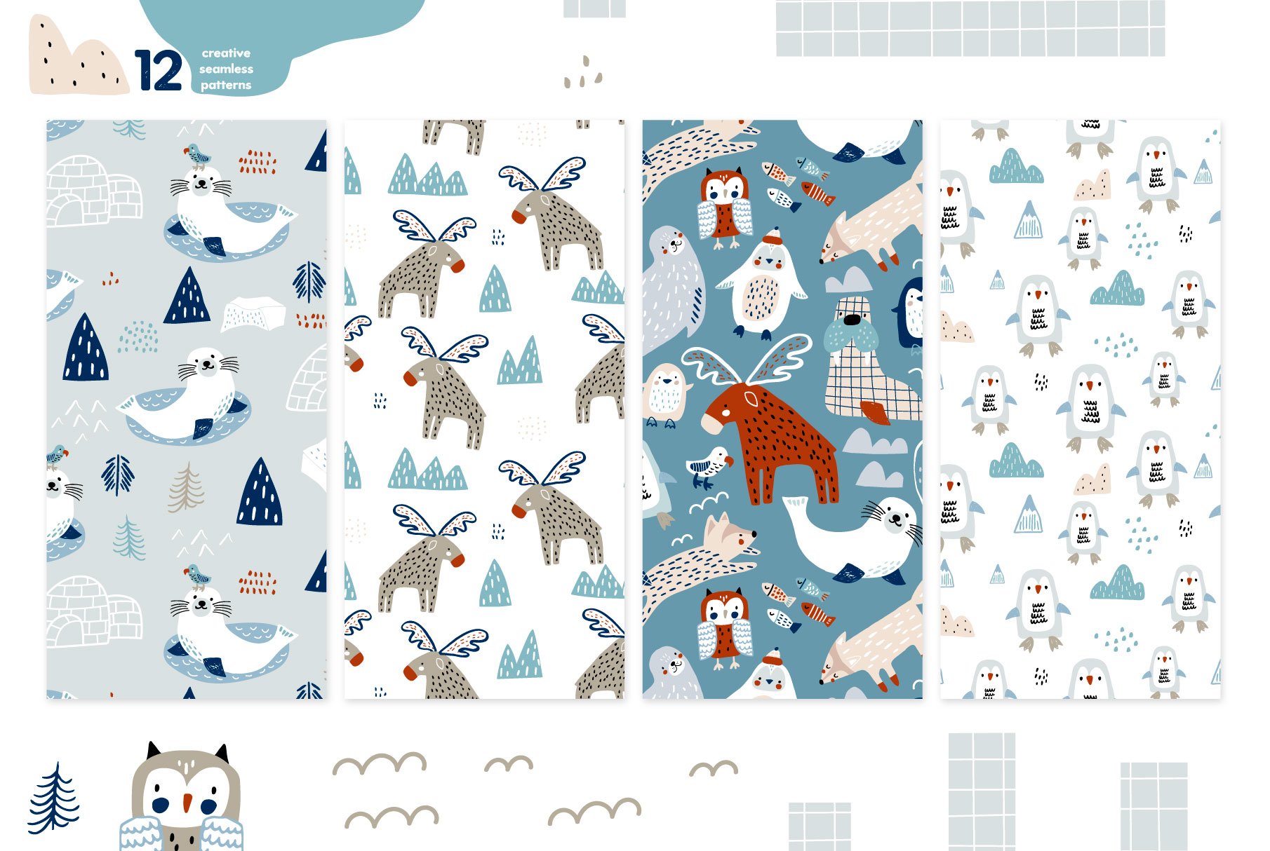 Contemporary patterns wit interesting polar animals.
