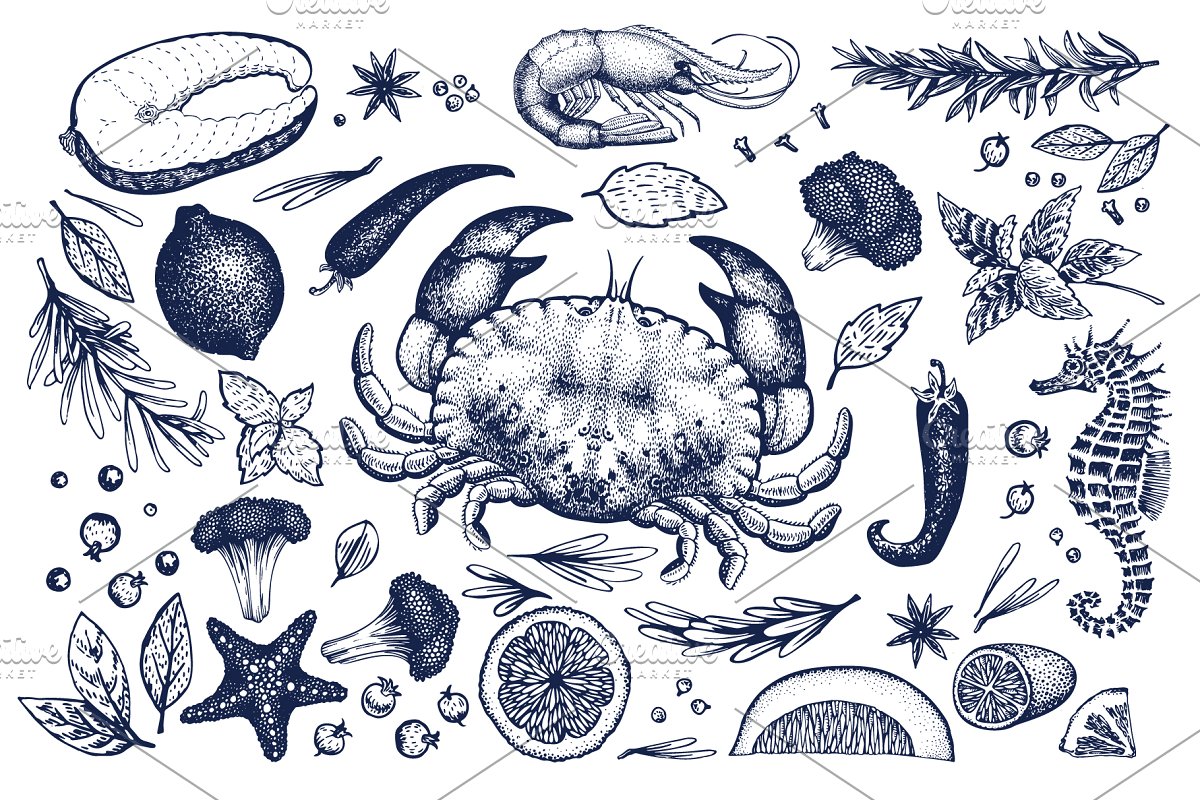 Amazing collection of seafood design elements.