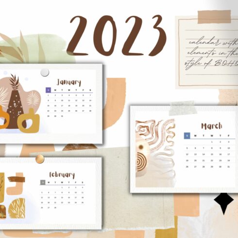 A desktop calendar for 2023 with abstract boho elements | MasterBundles