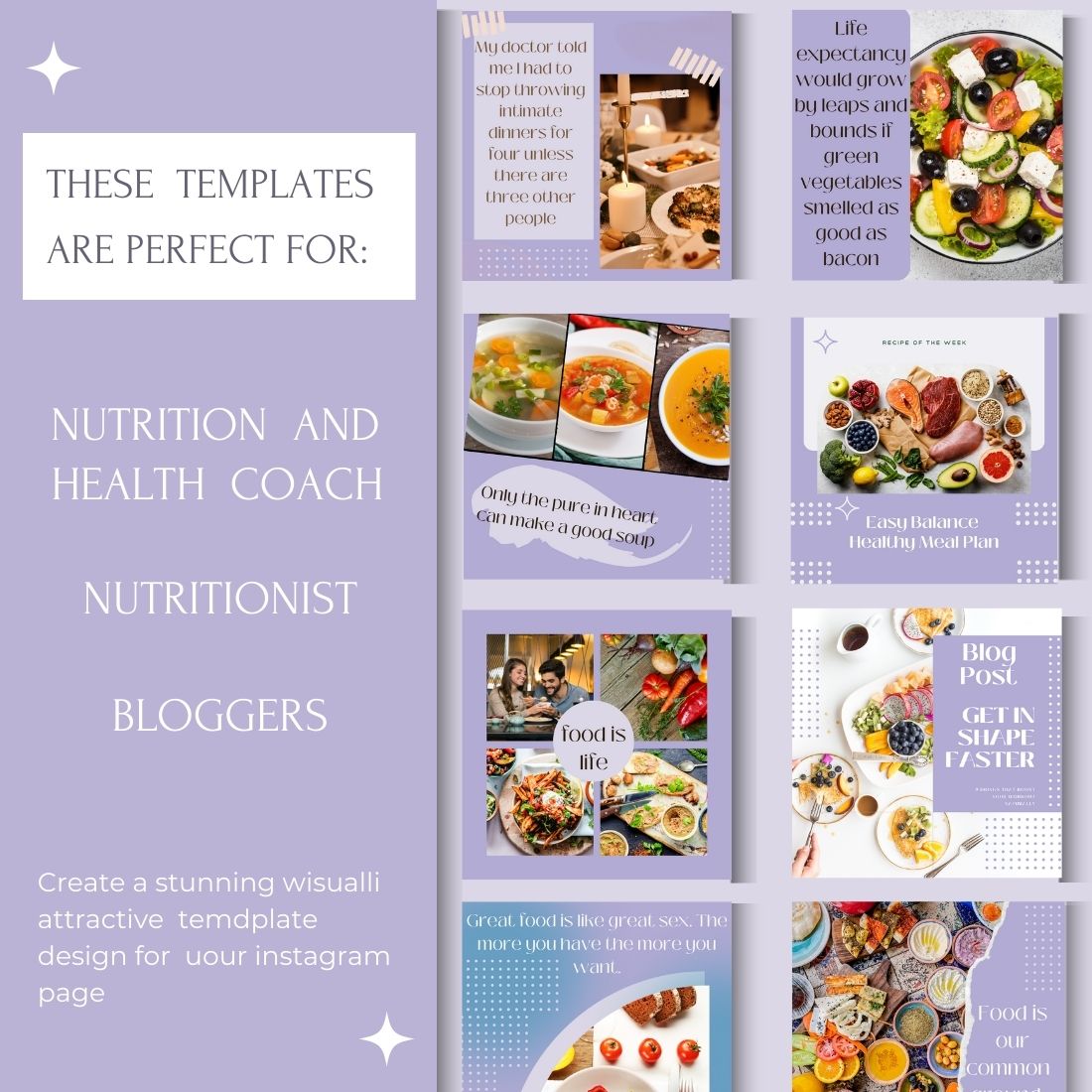 100 Social Media templates about Nutrition, Food and Health previews.