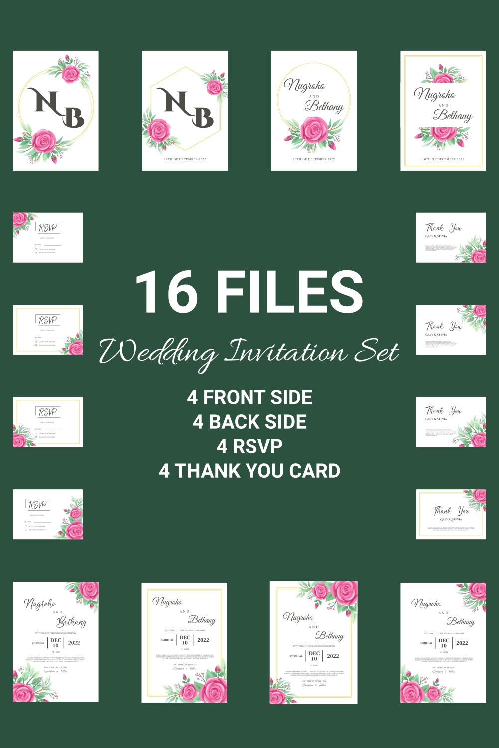Greenery Wedding Invitation Template With Rose Ornament Pinterest Image.