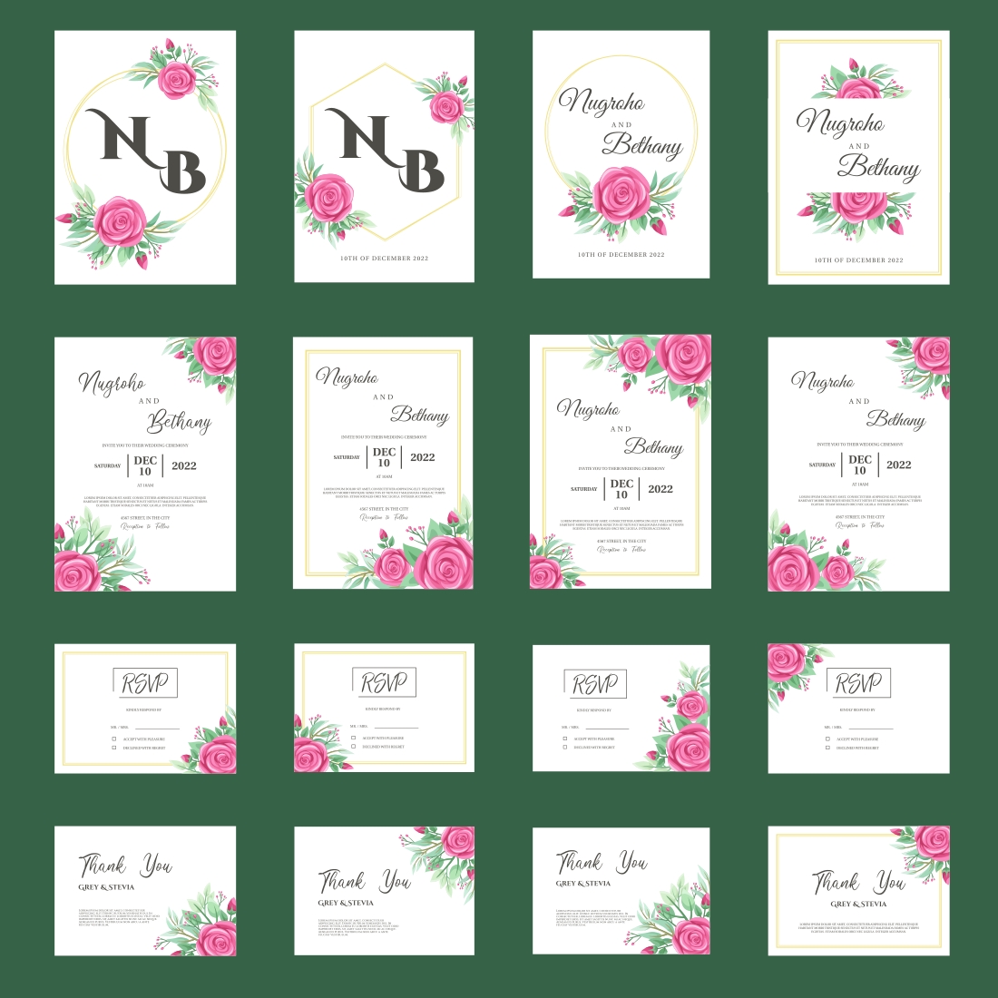 Greenery Wedding Invitation Template With Rose Ornament Preview Image.