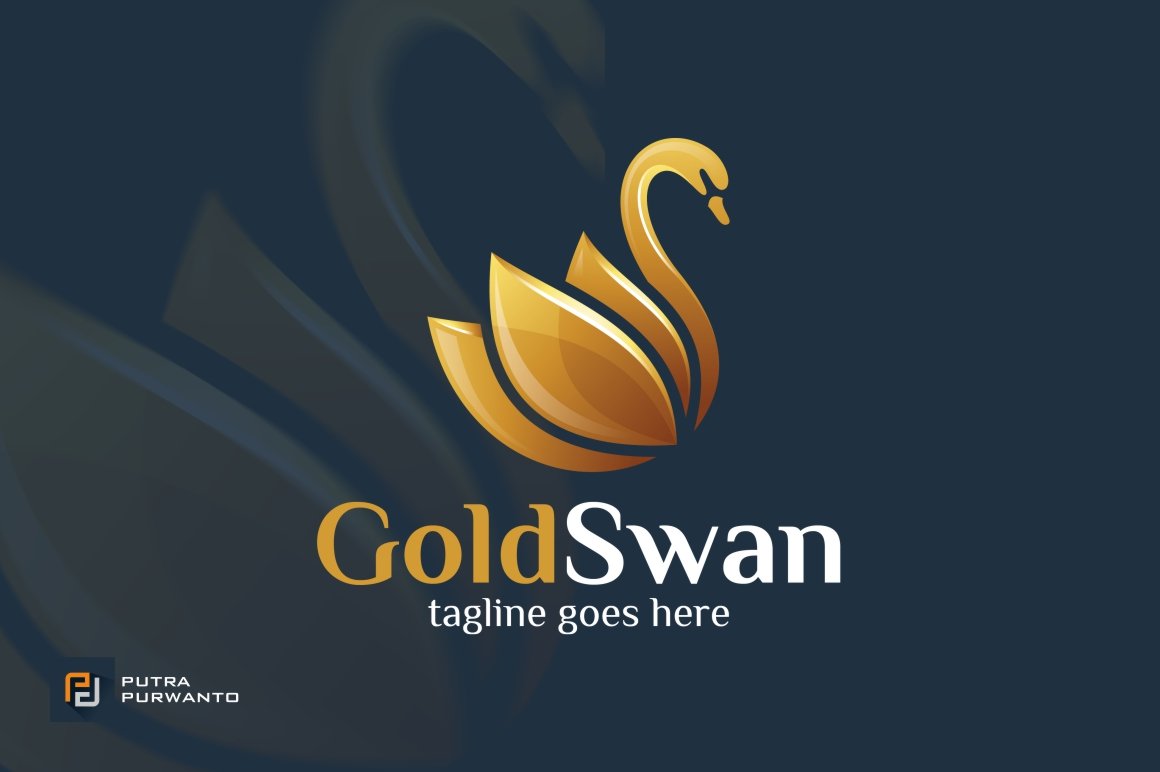 Deep blue background with gold swan logo.