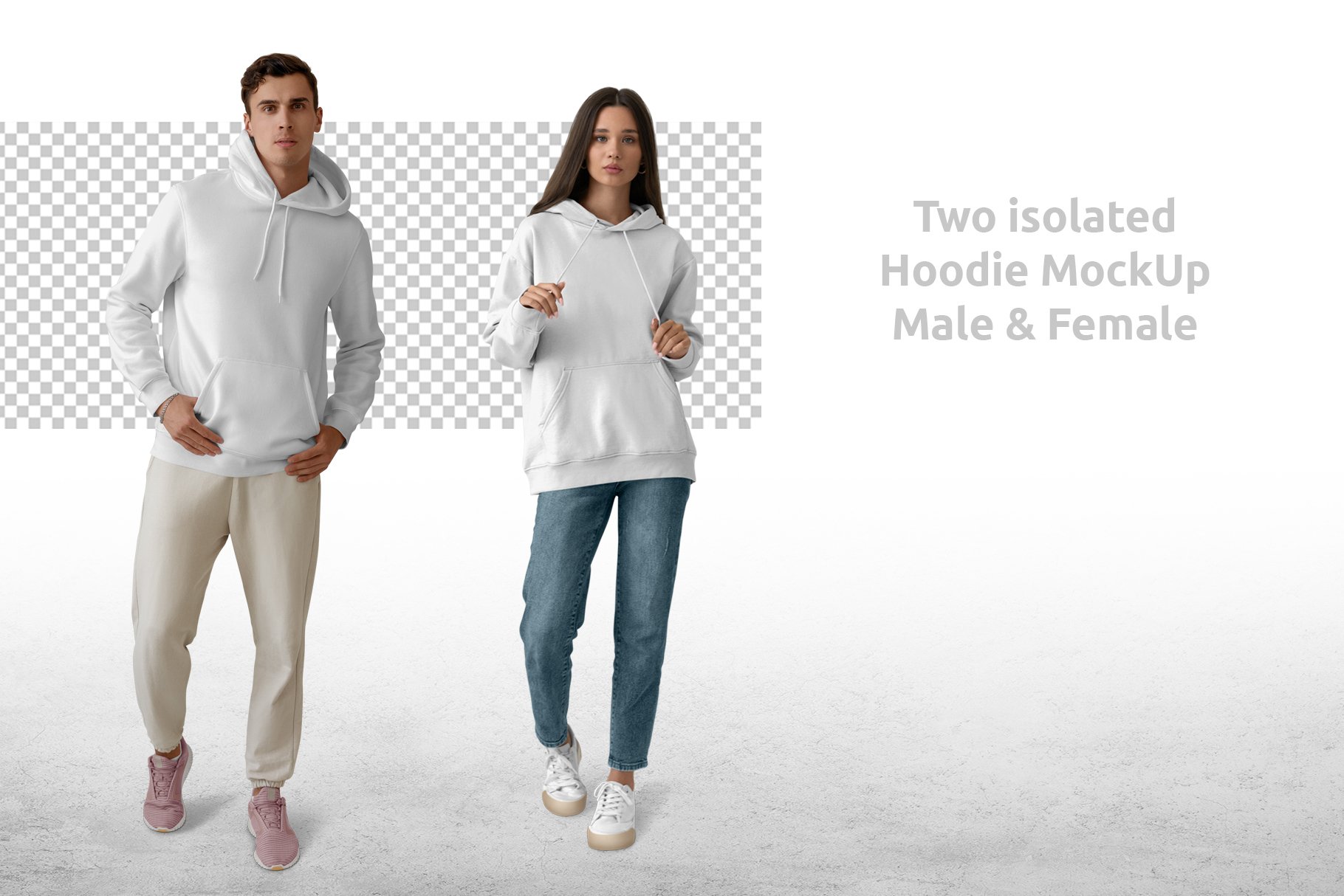 Male & female low isolated hoodie mockup.