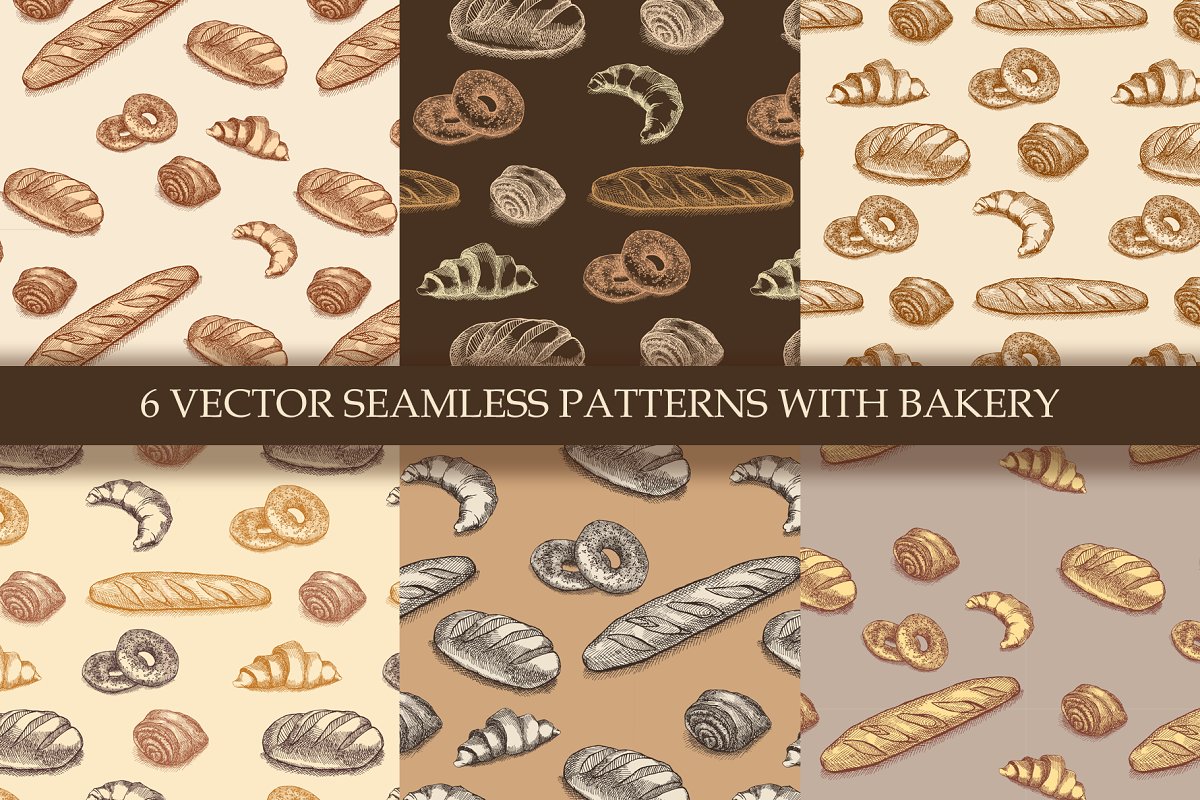Cover image of 6 seamless patterns with bakery.