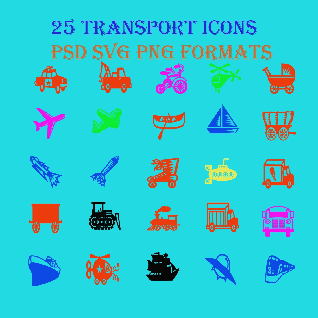 25 Transports And Vehicles Icons Set Cover Image.
