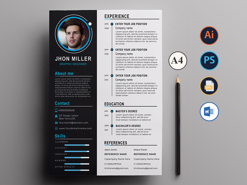 Black and white resume with blue accents.