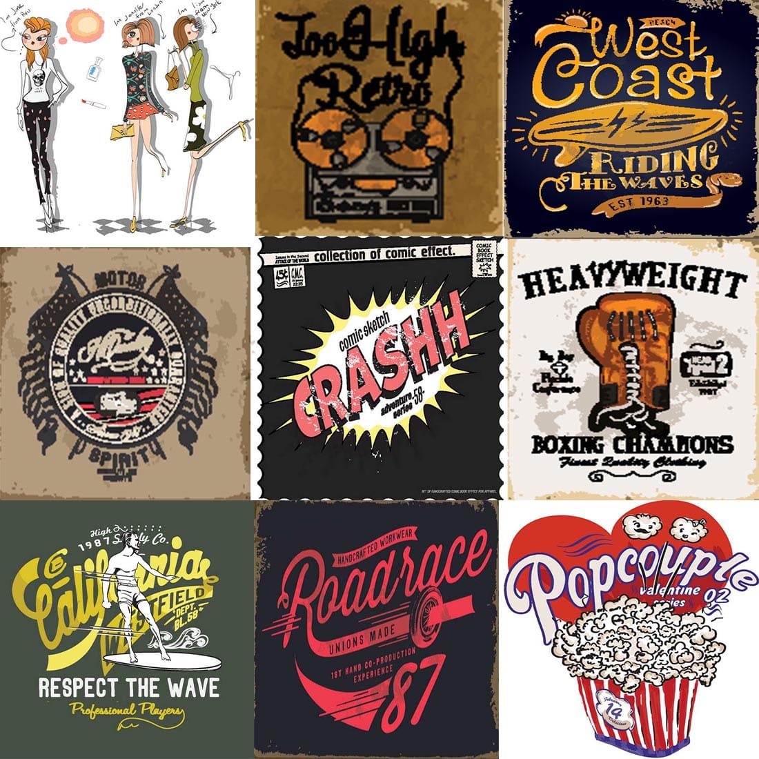 Pack Off 25 Retro T-Shirt Designs Preview Image.