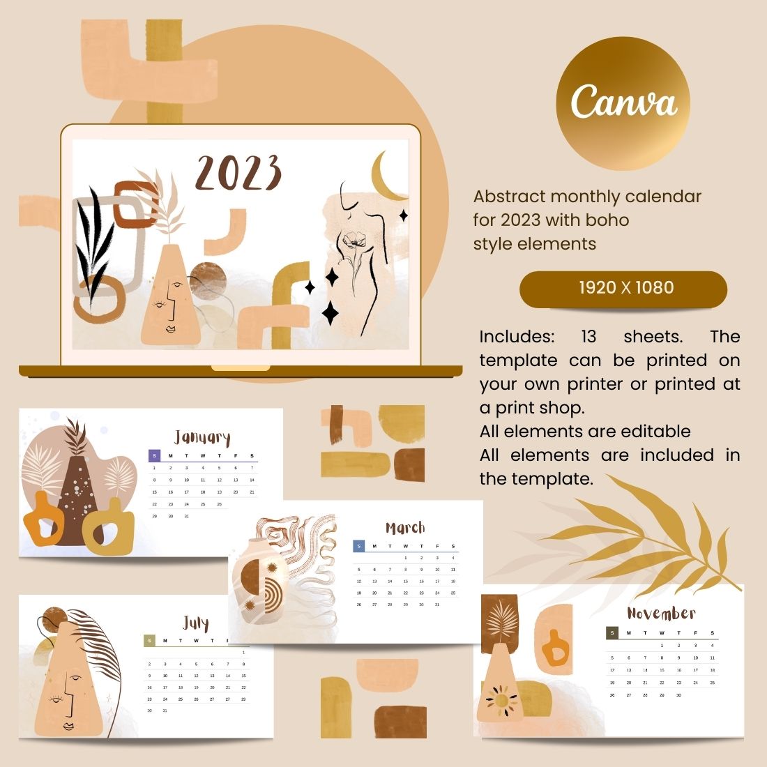 preview Desktop Calendar 2023 with Abstract Boho Elements