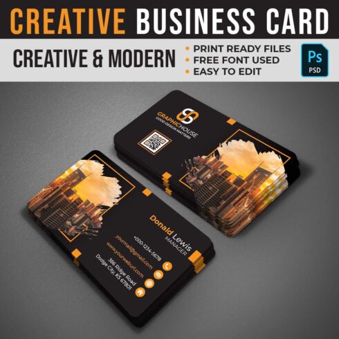 Creative And Professional Orange Business Card Template Cover Image.