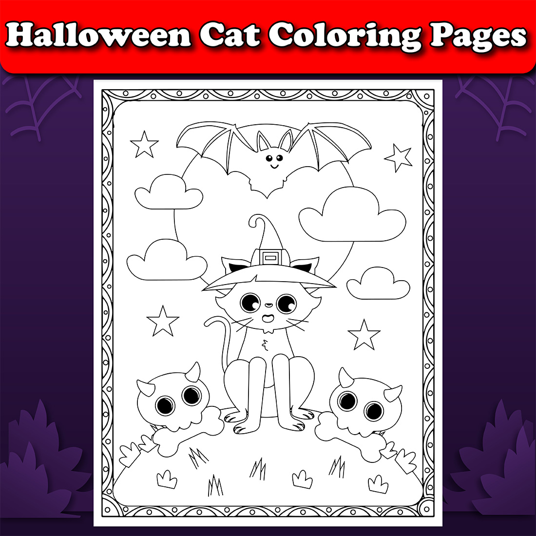 Halloween Cat Coloring Page for Kids cover image.