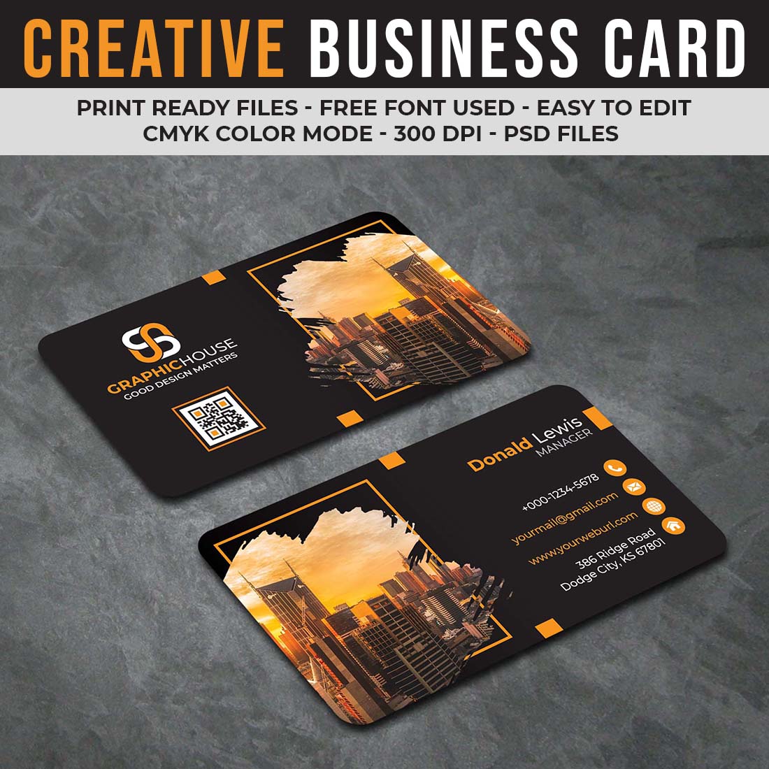 Creative And Professional Orange Business Card Template Preview Image.