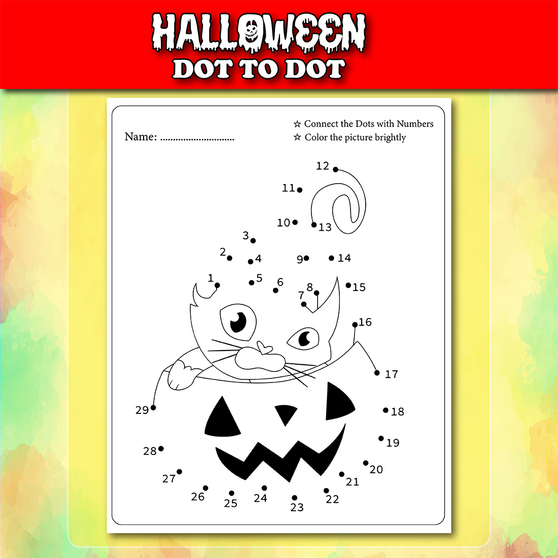 Halloween Dot To Dot For Kids Cat With Pumpkin Example.