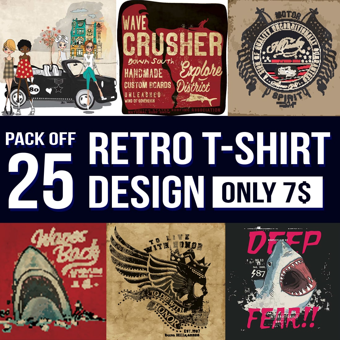 Pack Off 25 Retro T-Shirt Designs Cover Image.